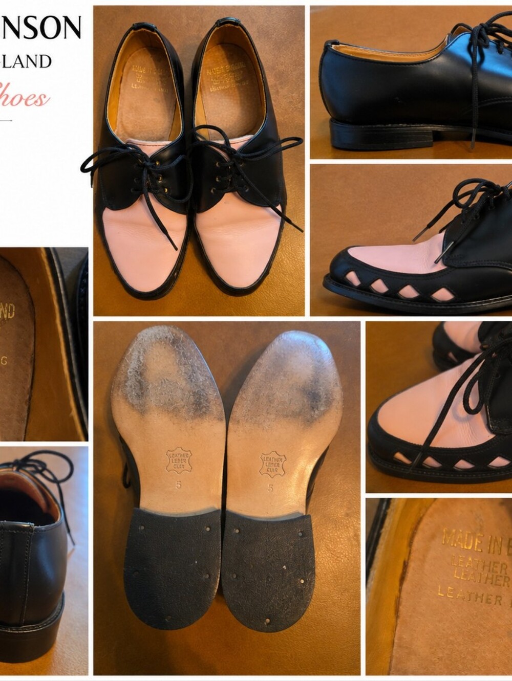 Made In England Size 5 Two-Tone Black and Light Pink Lace-Up Flats Leather